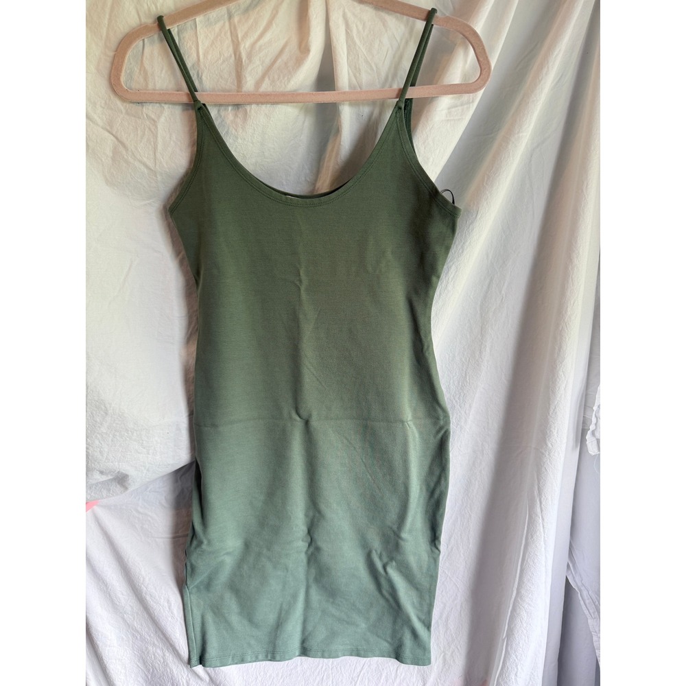 Popular 21 Olive Green Ribbed Bodycon Mini Dress Spaghetti Strap Womens Large